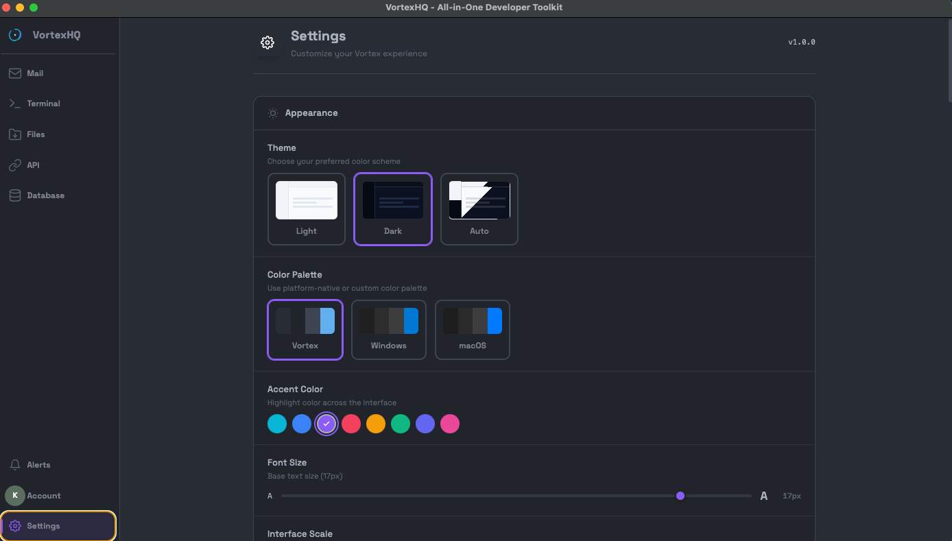 VortexHQ — Settings