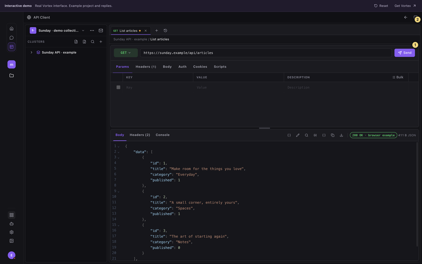 API request editor and response with numbered Send and working area