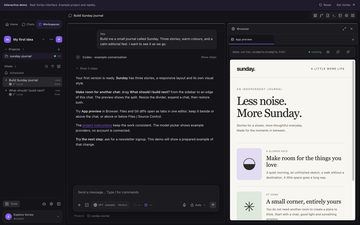 Vortex workspace with a project conversation and its app preview